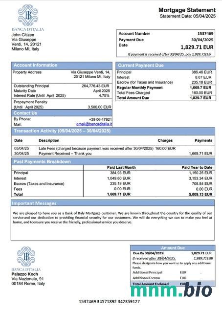 Włochy Bank of Italy wyciąg z kredytu hipotecznego szablon Word i PDF